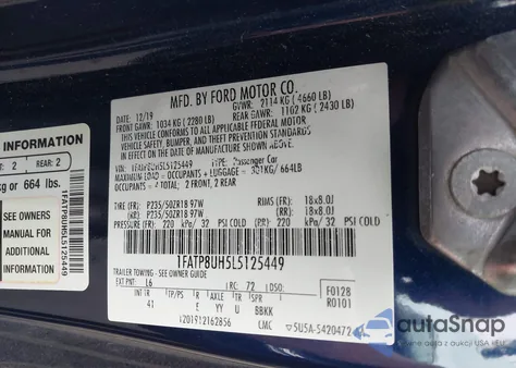 2020 Ford Mustang Ecoboost Premium из США, поврежденный, VIN 1FATP8UH5L5125449